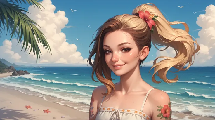 1girl, solo, brown eyes, smile, ponytail, looking at viewer, blonde hair, brown hair, half-closed eyes, flower tattoo, bare shoulders, summer dress, freckles, multicolored hair, long hair, arm tattoo, detailed face, eyelashes, lips, beach, ocean, sand, wav...