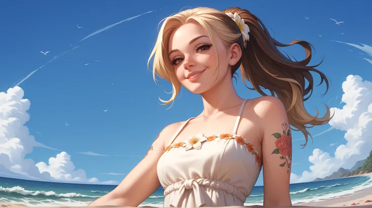 1girl, solo, brown eyes, smile, ponytail, looking at viewer, blonde hair, brown hair, half-closed eyes, flower tattoo, bare shoulders, summer dress, freckles, multicolored hair, long hair, arm tattoo, detailed face, eyelashes, lips, beach, ocean, sand, wav...
