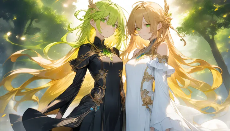 緑の草花がbackgroundの中,The sun shines brightly in a clear sky,(Normal number of fingers:1.3),(Green tree々There are 2 girls beside:1.5), The two gods 々 each face is delicate and beautiful ,facing the front,both have a mystical atmosphere like heavenly beings,The...