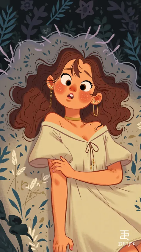 A 2D digital illustration picture,night;A stylish and elegant young woman(has long brown wavy hair that is naturally flowing,Brown eyes, yellow skin),wearing an off-white loose dress,Lie on soft feathers,Relaxed expression 。The painting style is gentle,sof...