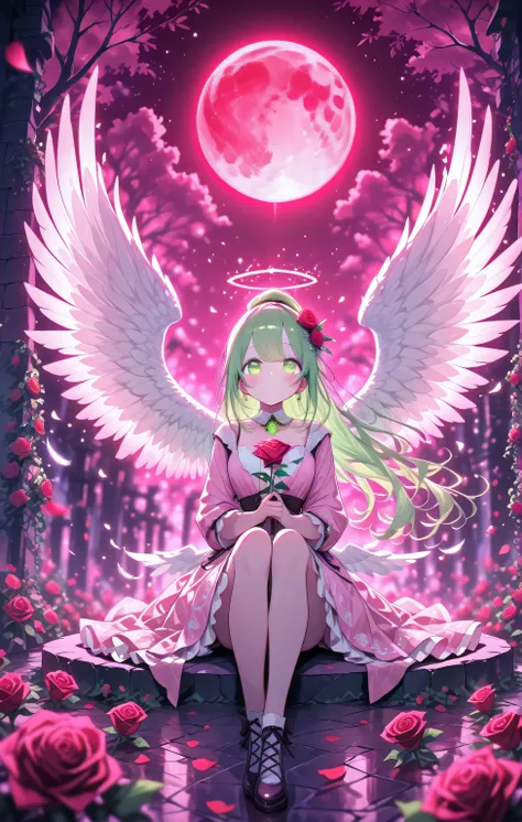 1 Girl, alone, Redhead,  long hair, green eyes, Chest, Ahog, Single ponytail, tall ponytail, Medicinal Zen_Kusuri, Halo, rosemary, Red Rose, spotlight, bloom, film bloom, moonlight, Red Moon, Full Moon, Sitting, blush , pink theme:0.65,pink dress, gentle s...