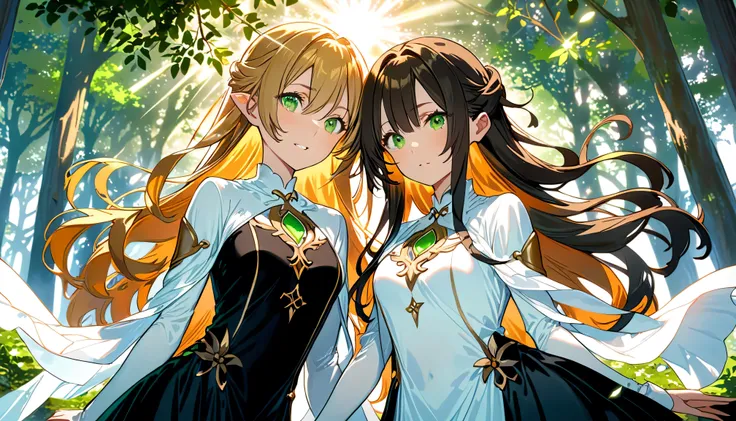 緑の草花がbackgroundの中,The sun shines brightly in a clear sky,(Normal number of fingers:1.3),(Green tree々There are 2 girls beside:1.5), The two gods 々 each face is delicate and beautiful ,facing the front,both have a mystical atmosphere like heavenly beings,The...