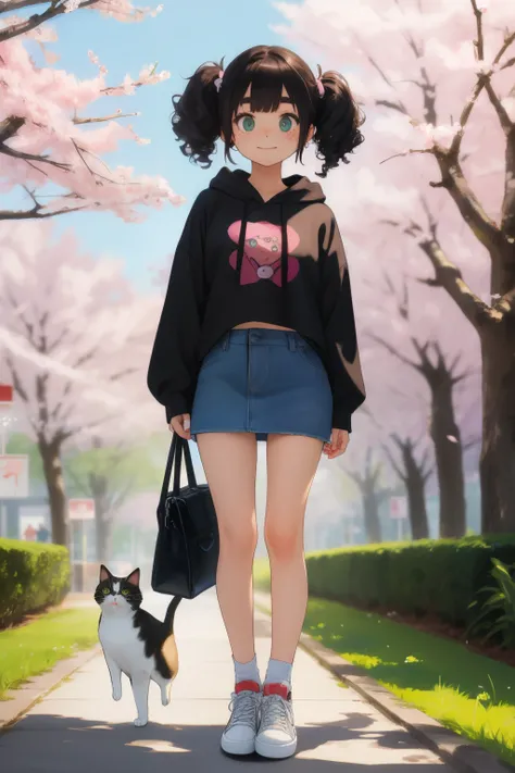 masterpiece , top quality，  cute doodle  ，funny, Excellent, S，Short length，Very Short， body，curly hair，twin tails，   bright ，   curious eyes   ，freckles，Tai Eyebrows，hoodie，Long Sleeve Short White Tee， Ultra Mini Denim Skirt ，open fly ， sneakers，spring， Sa...