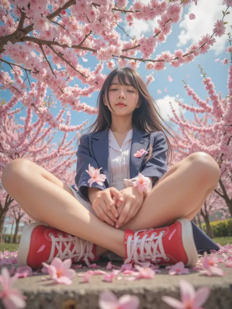 A cute Japanese schoolgirl sleeping peacefully under a cherry blossom tree on a spring day. She is sitting in a triangle pose (seiza) with her knees pulled up to her chest and both hands lightly clasped on her shins, naturally resting. She is wearing a whi...