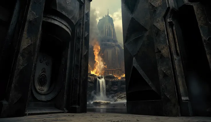 Ancient, imposing stone gate, large vertical structure, Complex Carvings, worn metal surface, tall geometric pattern, Mystery, Dark Environments, indoor environment, weak ambient light, shadows cast by buildings, eerie atmosphere, Center Focus, Symmetric...