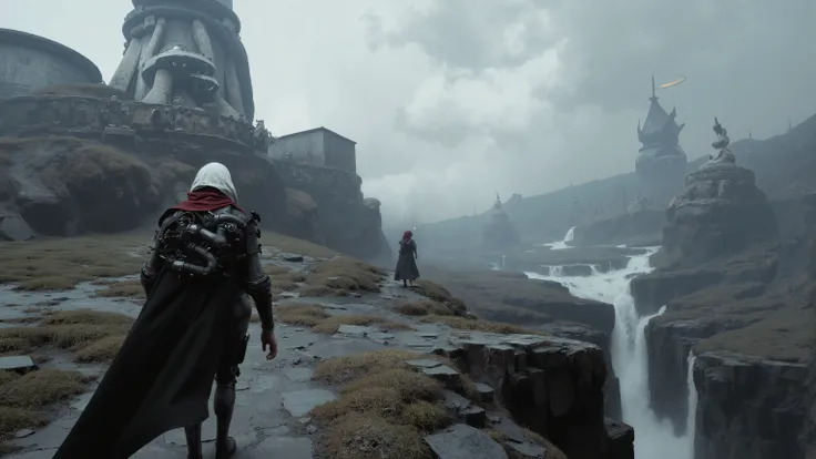 Walking alone on a cliffside path,figures wearing black costumes with pipes and wires,The person wearing a white hooded cape,The inside of the cape is red,on the side of the cliff, and you can see mountains and rivers in the distance,is a towering white cl...