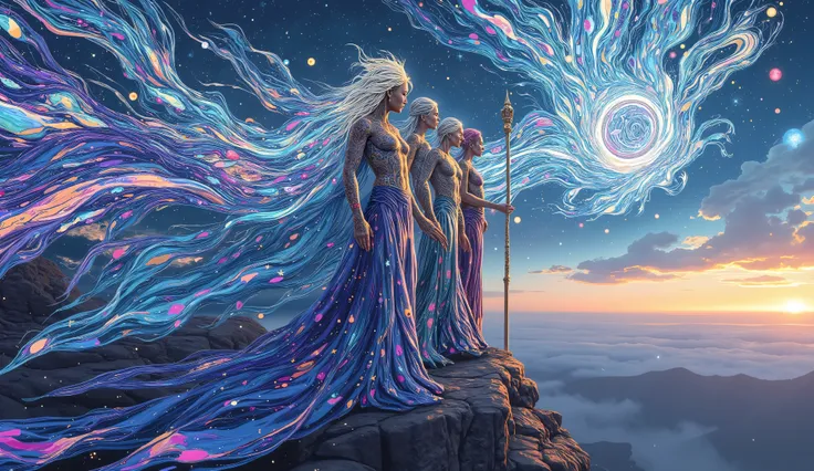 3 celestial sorceresses with flowing, starlit hair dressing robes that flying with wind stands on a precipice overlooking a swirling galaxy. Intricate cosmic tattoos adorn her skin, glowing with ethereal light. they holds a staff topped with a miniature, ...