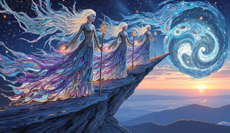 3 celestial sorceresses with flowing, starlit hair dressing robes that flying with wind stands on a precipice overlooking a swirling galaxy. Intricate cosmic tattoos adorn her skin, glowing with ethereal light. they holds a staff topped with a miniature, ...