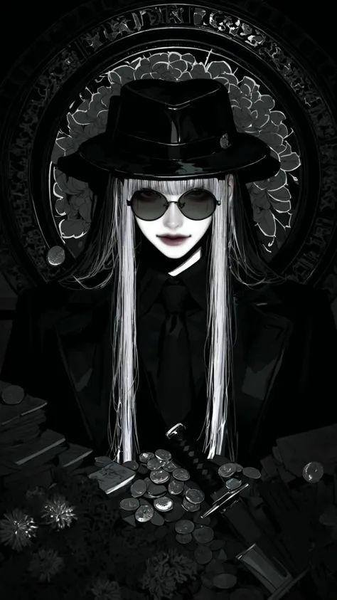 Absa Gokudō, high resolution, Super Details, 1 arms dealer, solo, so aesthetic, highly detailed eyes, gun, knife), knifeを持っている , sheath, mafia hat,Chrysanthemum flower, Black Glasses , Bangs,Multicolor Hair Under Arms, Tenjo Tenka, Ooku Hair, Nouveau rich...