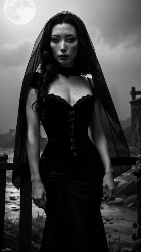 ((masterpiece:1.3), (best quality:1.3), Dichen Lachman as Morticia Addams, elegant black gothic wedding dress with lace and velvet details, veil, long train, corset bodice, standing, in a moonlit Victorian graveyard, pale skin, long black hair flowing in t...