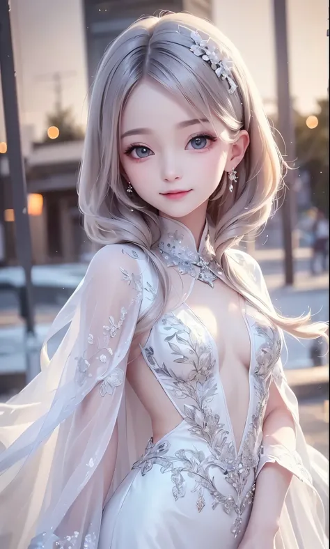 (masterpiece),(4K),High Quality,(small breasts),one girl、Sexy Saint , Long Silver Hair ,pale skin,smile, beautifully detailed grey eyes, ( high-definition and elegant ),( white cape let fashion), Magical Color and Atmosphere, detailed skin from sleeve to c...