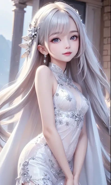(masterpiece),(4K),High Quality,(small breasts),one girl、Sexy Saint , Long Silver Hair ,pale skin,smile, beautifully detailed grey eyes, ( high-definition and elegant ),( white cape let fashion), Magical Color and Atmosphere, detailed skin from sleeve to c...
