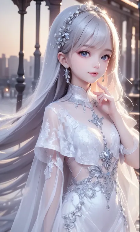 (masterpiece),(4K),High Quality,(small breasts),one girl、Sexy Saint , Long Silver Hair ,pale skin,smile, beautifully detailed grey eyes, ( high-definition and elegant ),( white cape let fashion), Magical Color and Atmosphere, detailed skin from sleeve to c...
