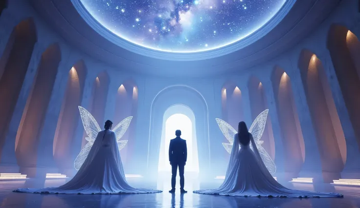 Cinematic sci-fi scene in a majestic alien council chamber, glowing arches, starry galaxy dome above. A lone human in dark formal suit stands before two tall alien princesses with glowing wings and silver ceremonial robes. Futuristic architecture, volumetr...