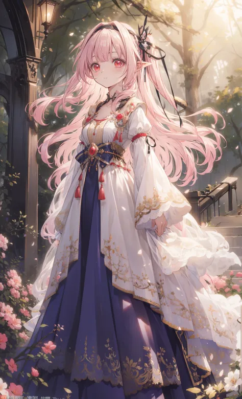 (    masterpiece、Top Quality、illustration、    very high quality    、HD、   extremely sensitive writing   ) Ahog,Very Long Hair,pink hair,two side up,gradient hair color,colorful hair,flowing hair,Hairband, black ribbon,Hair accessories,two side up,Pointed e...