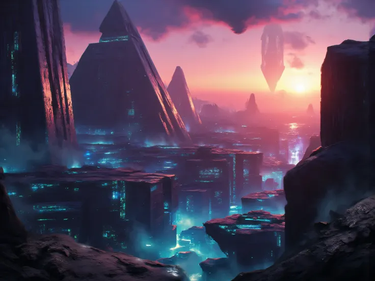 A breathtaking alien world with towering crystalline mountains glowing with bioluminescent energy veins, their surfaces carved by an ancient advanced civilization. Floating inverted pyramid cities hover in the sky, held aloft by anti-gravity technology, th...