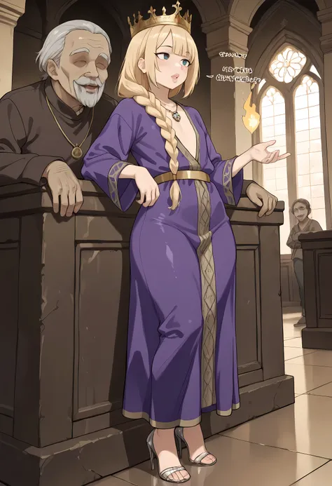 score_9, score_8_up, score_7_up, score_6_up, score_5_up, score_4_up, SFW, BREAK, best quality, amazing quality, very aesthetic, absurdres,
mature, femboy, blonde long loose-braid hair bangs, crown, royal decorated stilletto heels, flat chest, simple pearly...