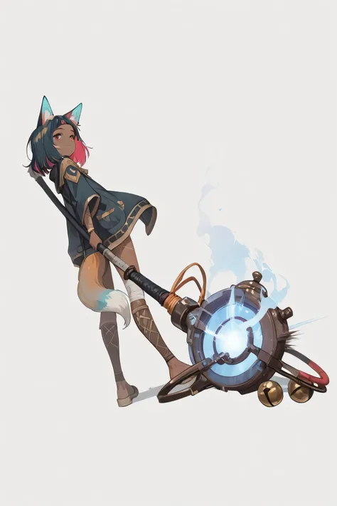 Young and beautiful girl with wavy ash-colored hair and brown skin, With fox ears on their heads