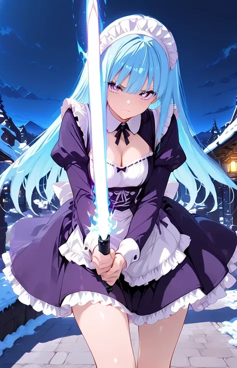 masterpiece,amazing quality,best quality,ultra-detailed,8K,illustration,CG,1girl,light blue hair, purple eyes,long hair,Straight hair,purple and white maid clothes serious face,1 girl about ,thigh,cleavage,Petite figure , winter night with northern lights,...