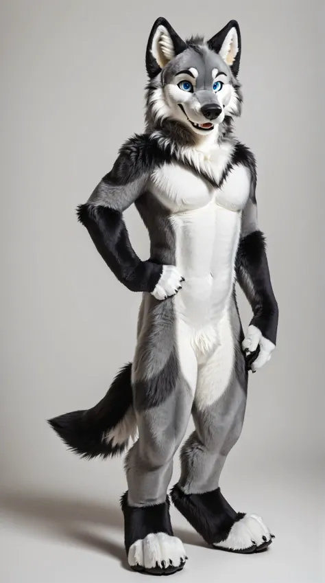 full body, fursuit, male, grey, grey limbs wolf, blue eyes, plain background