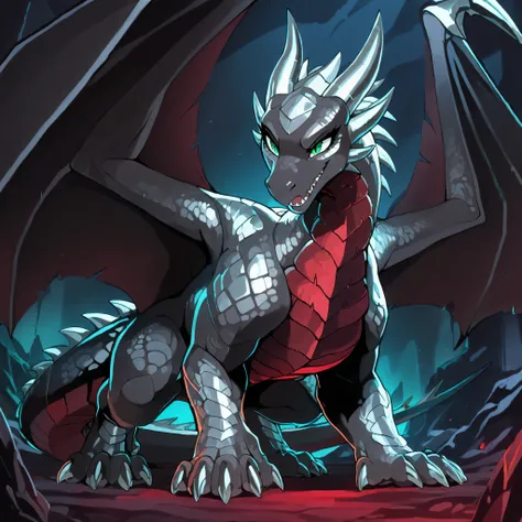 anime style, anime shading, clean lines, masterpiece, best quality, full body picture, centered, enderdragon, feral, dragon, female dragon, 1girl, long horns, wings, claws, tail, green eyes, perfect eyes, overlapping red chest scales, in a dark bedroom, da...