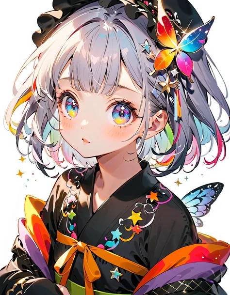  BEST DETAILS、  1 girl，，Blink， （   hair color is milky white and hair tips are blue ）、  cutest girl in the world   ，Wear a colorful and cute gothic kimono costume   ,  Star Fairy ,Wear a colorful and cute gothic kimono costume    with little fairy feathers...