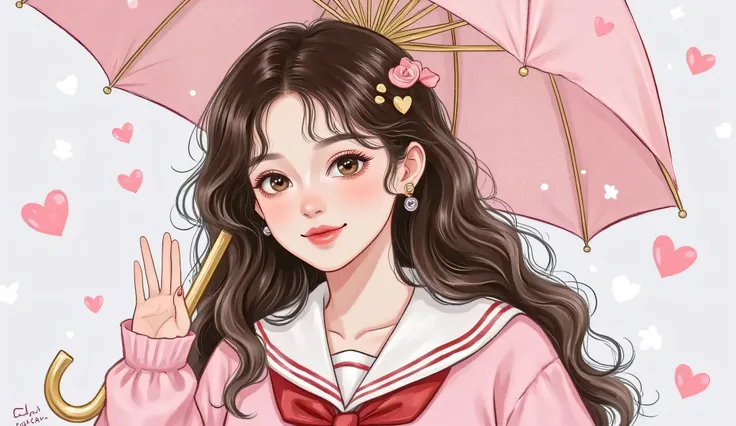 A semi-realistic manhwa-inspired romantic scene. A beautiful high school girl with Douyin-style makeup: glossy pink lips, soft fluttery lashes, subtle rosy cheeks, and radiant skin. She wears a neat school uniform, holding a shiny golden umbrella with a cr...