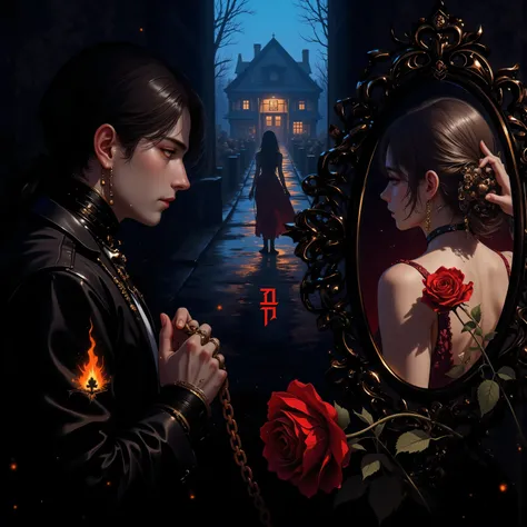 The artwork should have a modern and sensual style, using dark tones like black, deep blue, with accents of gold or ruby red. In the center, feature a man in profile with a melancholic expression, looking toward a distant woman (seen from behind) walking t...