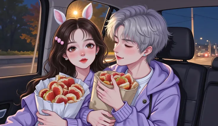 A semi-realistic manhwa-style romantic comedy scene inside a car at night. A pretty high school girl with Douyin-style makeup — glossy lips, soft lashes, and rosy cheeks — is stuffing snacks into her backpack in the back seat. She looks surprised and blush...