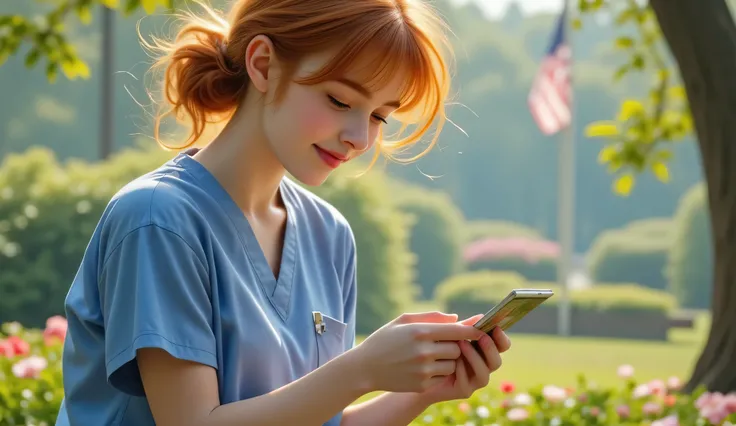 A photograph of a beautiful young red-haired female nurse wearing a light blue scrub uniform, sitting on a wooden bench in the hospital garden during a peaceful morning. She gently holds a small photograph in her hands and gazes at it with a radiant, hopef...