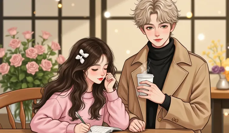 A semi-realistic, manhwa-inspired romantic scene in a cozy, softly-lit cafe. A high school girl with Douyin-style makeup — glossy pink lips, soft rosy cheeks, and delicate lashes — is slumped over a table, focused on her homework. Beside her stands a tall,...