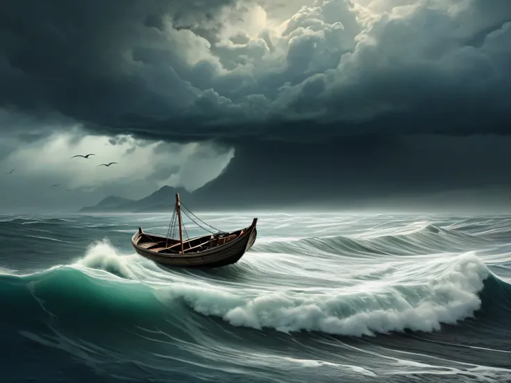 A small wooden primitive boat crossing a stormy sea。Delicate and realistic painting style。