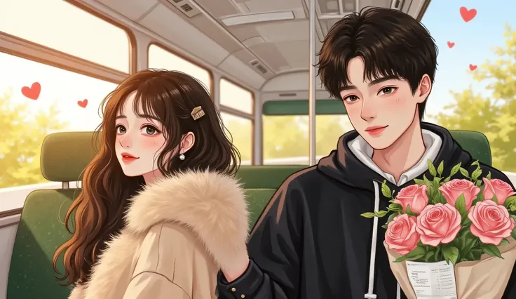 A semi-realistic, manhwa-inspired romantic scene on a school bus. A pretty high school girl with Douyin-style makeup — glossy lips, soft fluttery lashes, and rosy cheeks — is sitting upright near the window, wearing a neat school uniform, gazing outside wi...