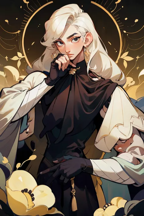 "Extravagant Appearance ", " white skin color ", " Black and Gold Clothing ", " Black Eyes and Eyelashes Make Like Your Hair",  men's tie, man, submissive,  black hair and black eyes