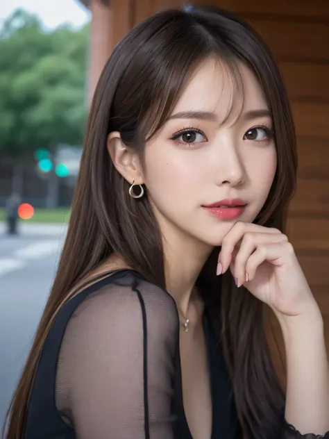 Dark brown wave hair, hair bobbles, longeyelashes, Solid Circle Eyes, lightsmile, Mole under the eyes, Heart Earrings, lightsmile, Shy, puckered lips, surrealism, drop shadow, stereograms, POV, depth of fields F2.8, One-person viewpoint, 8K, Super Detail, ...