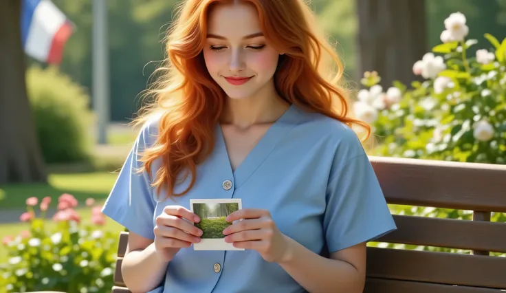 A photograph of a beautiful young red-haired female nurse wearing a light blue scrub uniform, sitting on a wooden bench in the hospital garden during a peaceful morning. She gently holds a small photograph in her hands and gazes at it with a radiant, hopef...