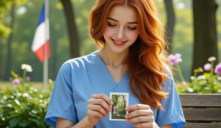 A photograph of a beautiful young red-haired female nurse wearing a light blue scrub uniform, sitting on a wooden bench in the hospital garden during a peaceful morning. She gently holds a small photograph in her hands and gazes at it with a radiant, hopef...