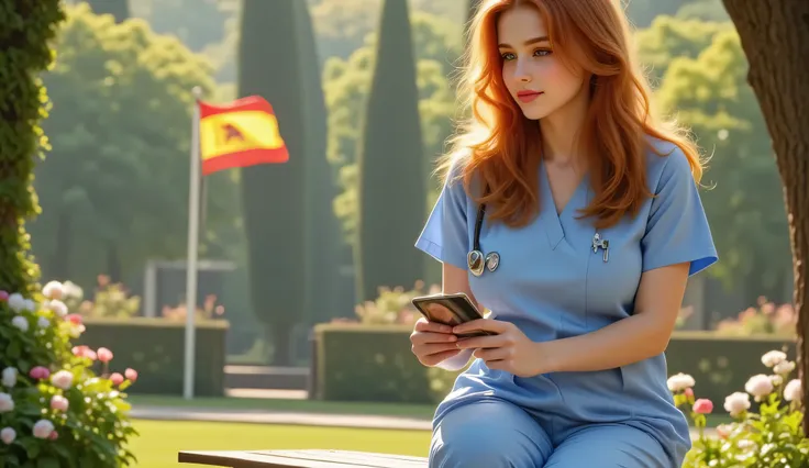 A photograph of a beautiful young red-haired female nurse wearing a light blue scrub uniform, sitting on a wooden bench in the hospital garden during a peaceful morning. She gently holds a small photograph in her hands and gazes at it with a radiant, hopef...