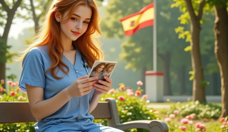 A photograph of a beautiful young red-haired female nurse wearing a light blue scrub uniform, sitting on a wooden bench in the hospital garden during a peaceful morning. She gently holds a small photograph in her hands and gazes at it with a radiant, hopef...