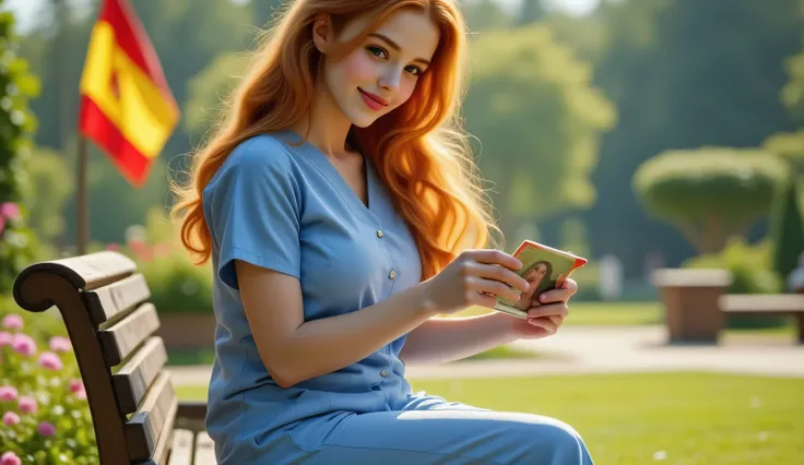 A photograph of a beautiful young red-haired female nurse wearing a light blue scrub uniform, sitting on a wooden bench in the hospital garden during a peaceful morning. She gently holds a small photograph in her hands and gazes at it with a radiant, hopef...