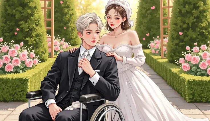 A semi-realistic manhwa-style romantic comedy book cover set in a luxurious garden. A gorgeous young woman in a white wedding dress with Douyin-style makeup — glossy lips, rosy cheeks, and soft lashes — stands behind a handsome man seated in a wheelchair. ...