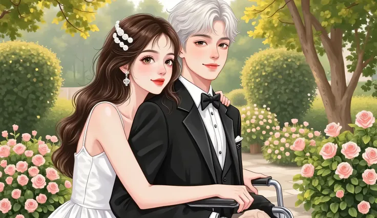A semi-realistic manhwa-style romantic comedy book cover set in a luxurious garden. A gorgeous young woman in a white wedding dress with Douyin-style makeup — glossy lips, rosy cheeks, and soft lashes — stands behind a handsome man seated in a wheelchair. ...