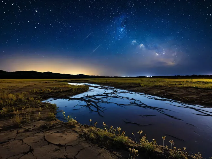 Night Sky。star。A river of dead water。A desolate, dry field with weeds growing here and there。