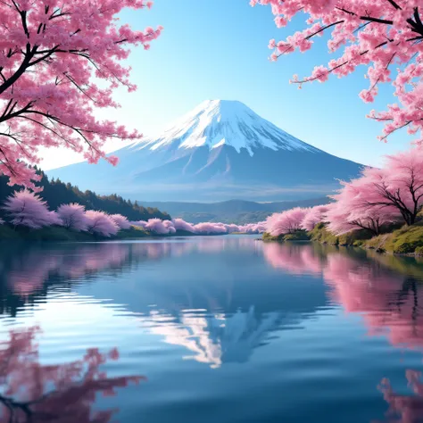 Mt. Fuji is in the background、Mt. Fuji reflected in the lake、Cherry blossoms are also in full bloom、The area around the lake is decorated with cherry blossoms、4K、8K,Max Video Quality、No figures、