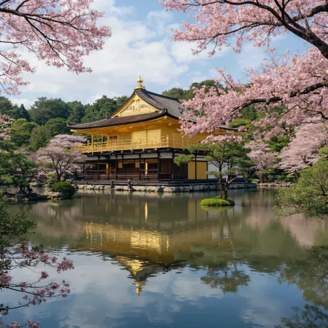 Kinkakuji Temple、池に反射して映るKinkakuji Temple、cherry blossoms are in full bloom、real、4K,8K,Sony cameras、