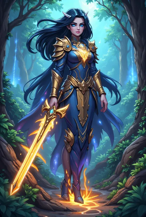 a picture of female human paladin of nature protecting the forest, wearying heavy armor, divine armor, flowing cloak, long cloak, armed with a sword, glowing sword, radiant sword, a woman, divine knight, full body, perfect body, ultra detailed face, ultra...