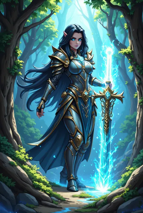 a picture of female human paladin of nature protecting the forest, wearying heavy armor, divine armor, flowing cloak, long cloak, armed with a sword, glowing sword, radiant sword, a woman, divine knight, full body, perfect body, ultra detailed face, ultra...