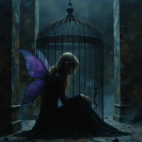 ((best quality)), ((Masterpiece)), (Highly detailed:1.3), a little fairy with long blond hair, with purple wings, dressed in black, she is luminous, locked in a birdcage made of glass, she is very sad sitting on the floor of the cage, the atmosphere is dar...