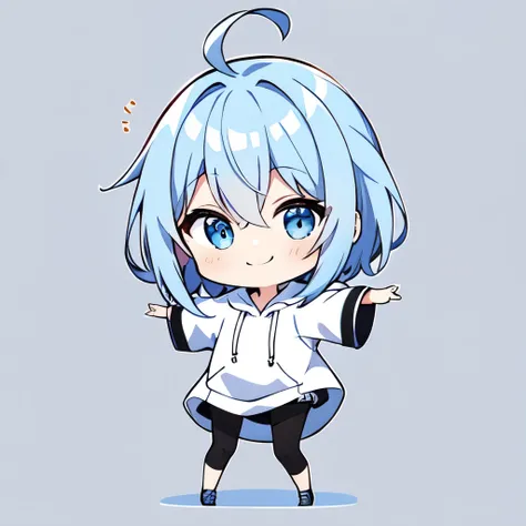 chibi, hair, Is wearing a hoodie , full body, Smile, simple background,dancing
1 girl ,alone, light blue eyes, happy,黒のhair, shorthair, 前hair, hair_ , 黒のhair、is puffy _ sleeve, shirt, short_ sleeve,