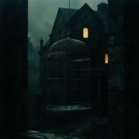 ((best quality)), ((Masterpiece)), (Highly detailed:1.3), a birdcage made of glass hanging in a dark and sinister house, the atmosphere is dark and sinister, (very complex and realistic texture: 1.2), (best quality, 4k, 8k, high resolution, Masterpiece:1.2...